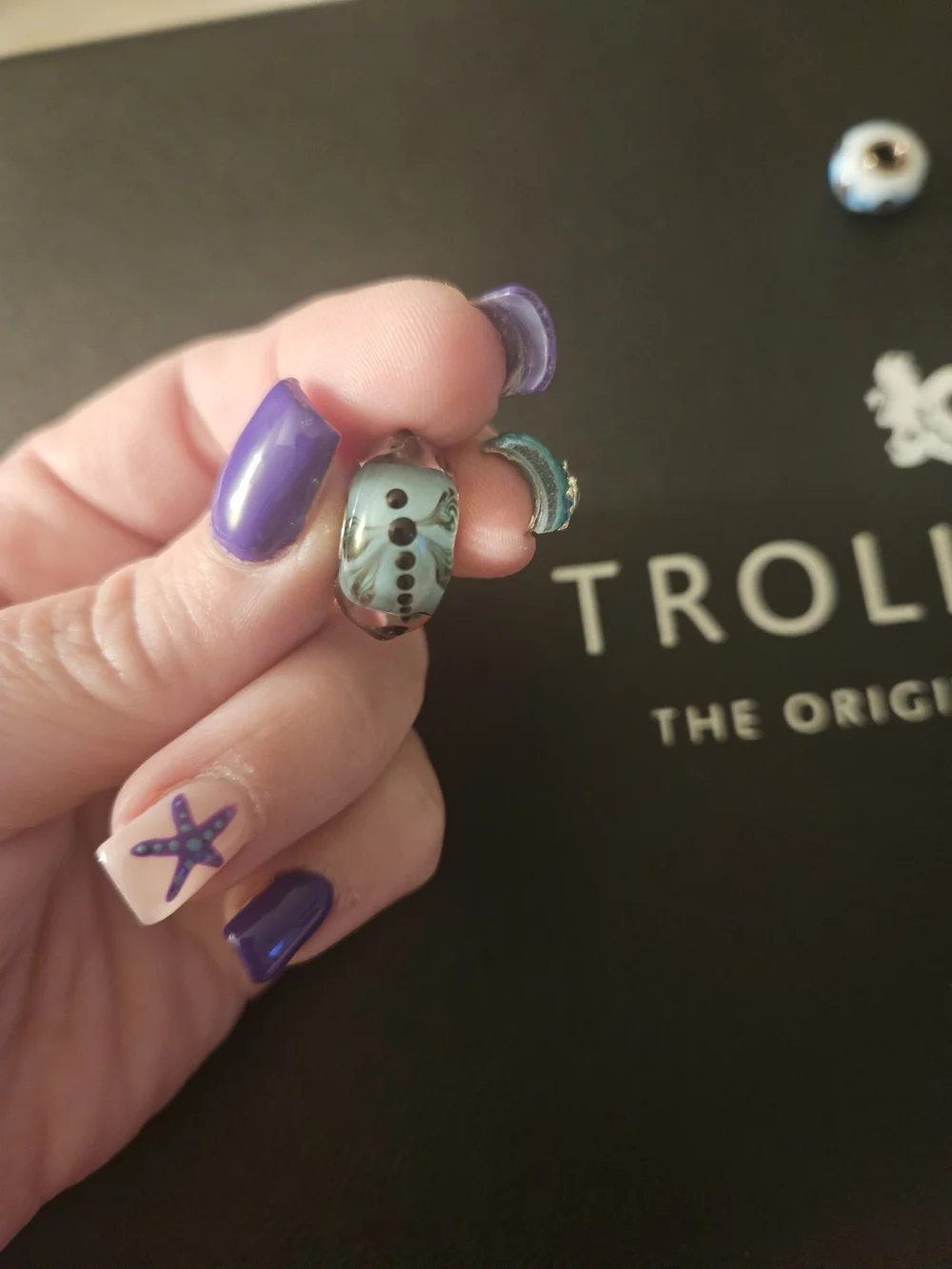 Trollbeads Aqua JUMBO Glass Bead with Black Draginfly Design RARE
